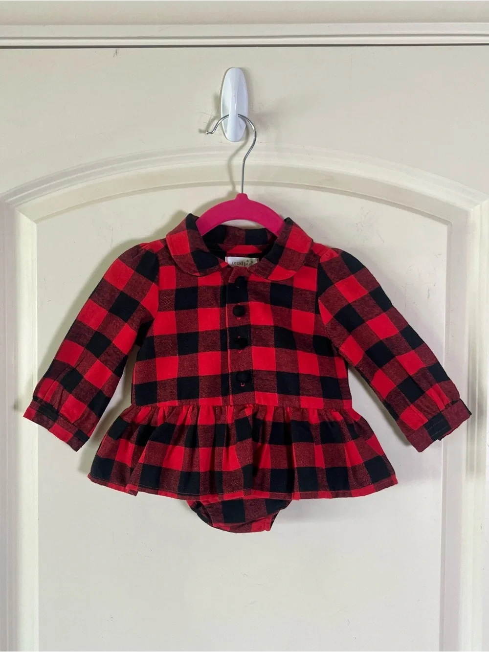 Mud Pie Baby Girls Buffalo Plaid Flannel Ruffle Button Romper Onesie 3/6M
